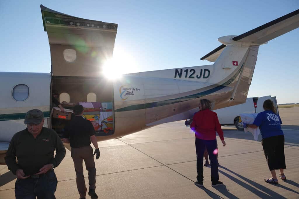 Four people stand near a small aircraft with its cargo door open on a sunny tarmac. Two are loading items into the plane, while two others walk nearby, one carrying a white bundle. Sunlight shines behind the aircraft.
