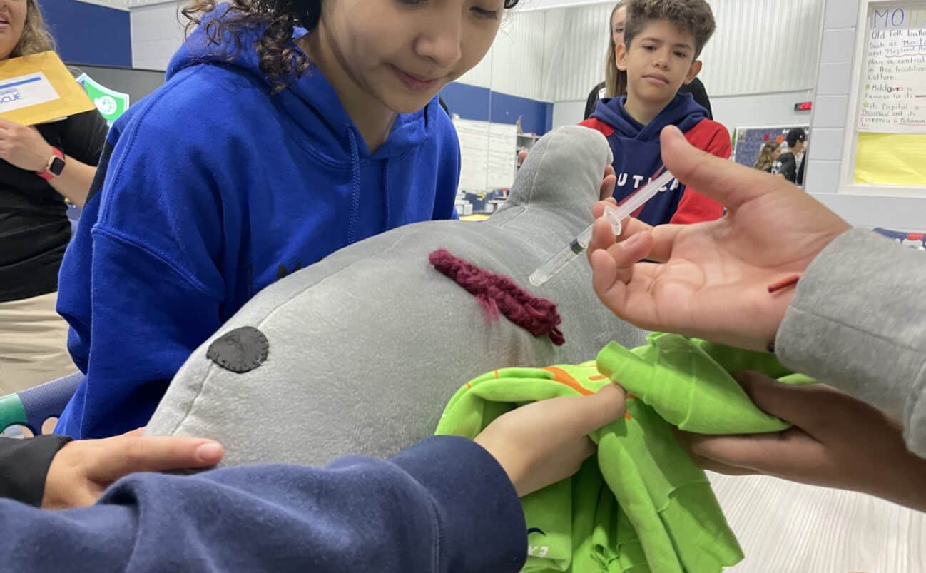A group of children practice first aid on a large stuffed animal, using a dropper and cloths. One child holds the plush while another applies care, and others watch closely in a classroom setting.