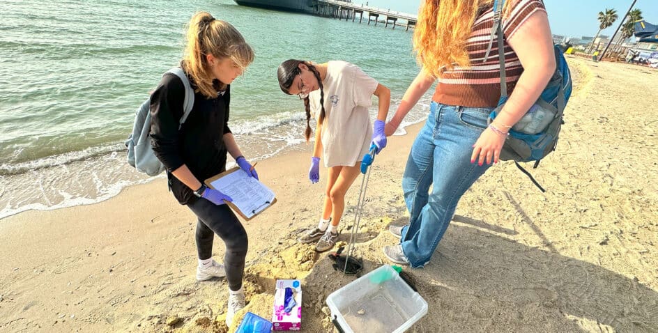 Three people stand on a sandy beach near the water, wearing gloves and examining equipment and samples. One person writes on a clipboard, while another uses a tool to collect a sample. Plastic containers are on the sand nearby.