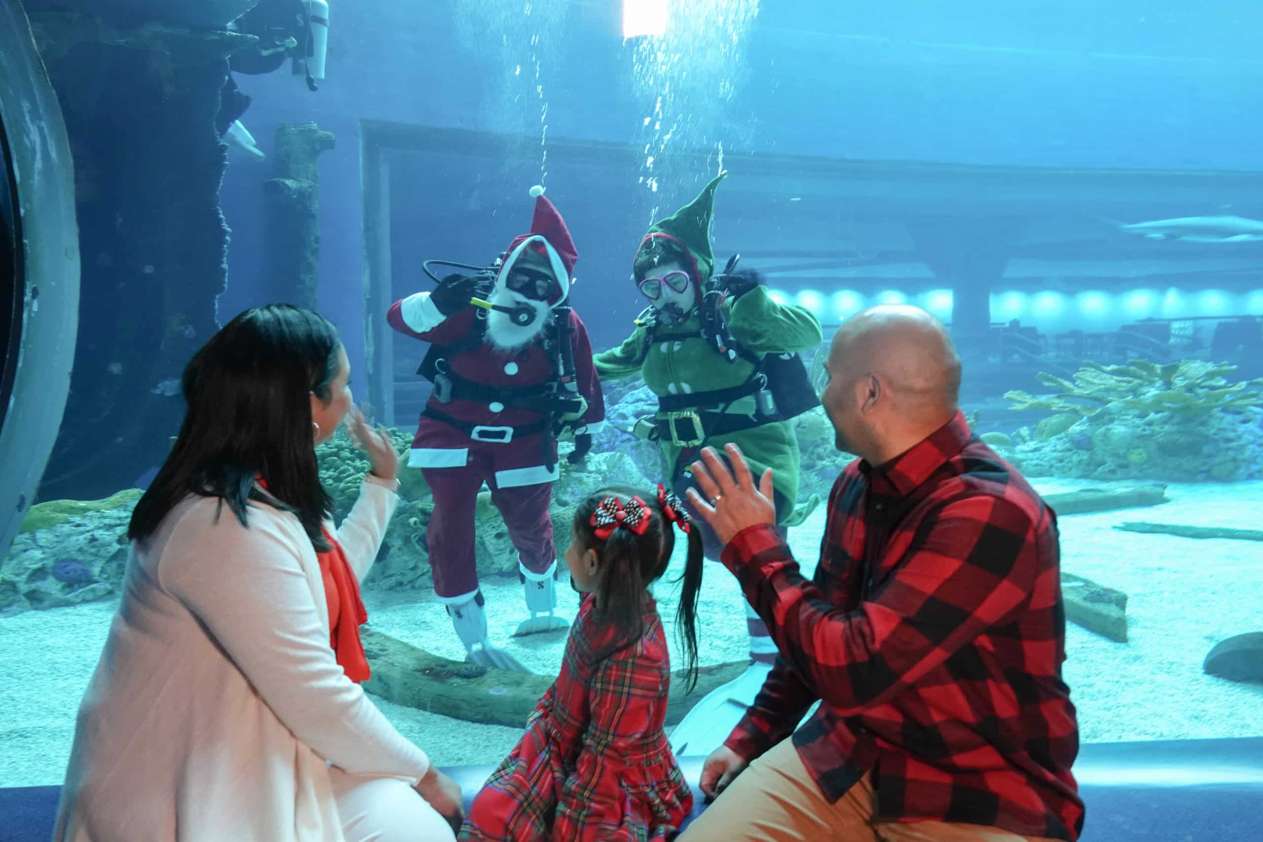 A family of three waves at Santa Claus and an elf, who are dressed in scuba gear and posing underwater in an aquarium. The family appears cheerful, with the parents and child all wearing festive, red-themed outfits.