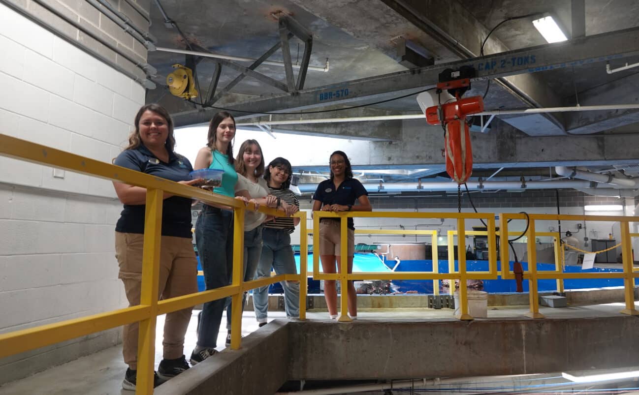 Five people stand on a yellow-railed platform indoors, smiling at the camera. The industrial setting features concrete beams, pipes, a hoist, and a large pool of blue water visible in the background.