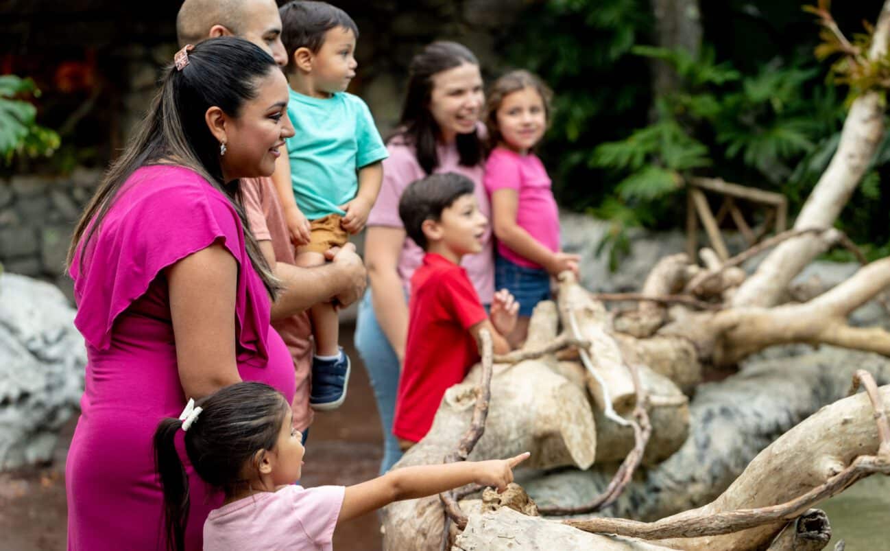 A group of adults and children stand outdoors by a wooden fence, smiling and looking at something off-camera. A young girl in front points excitedly, while others watch with interest. Trees and rocks are visible in the background.
