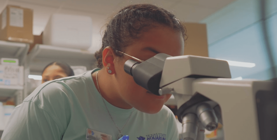 A person with curly hair looks into a microscope in a brightly lit laboratory, wearing a light blue T-shirt. Another person is blurred in the background among lab shelves and equipment.