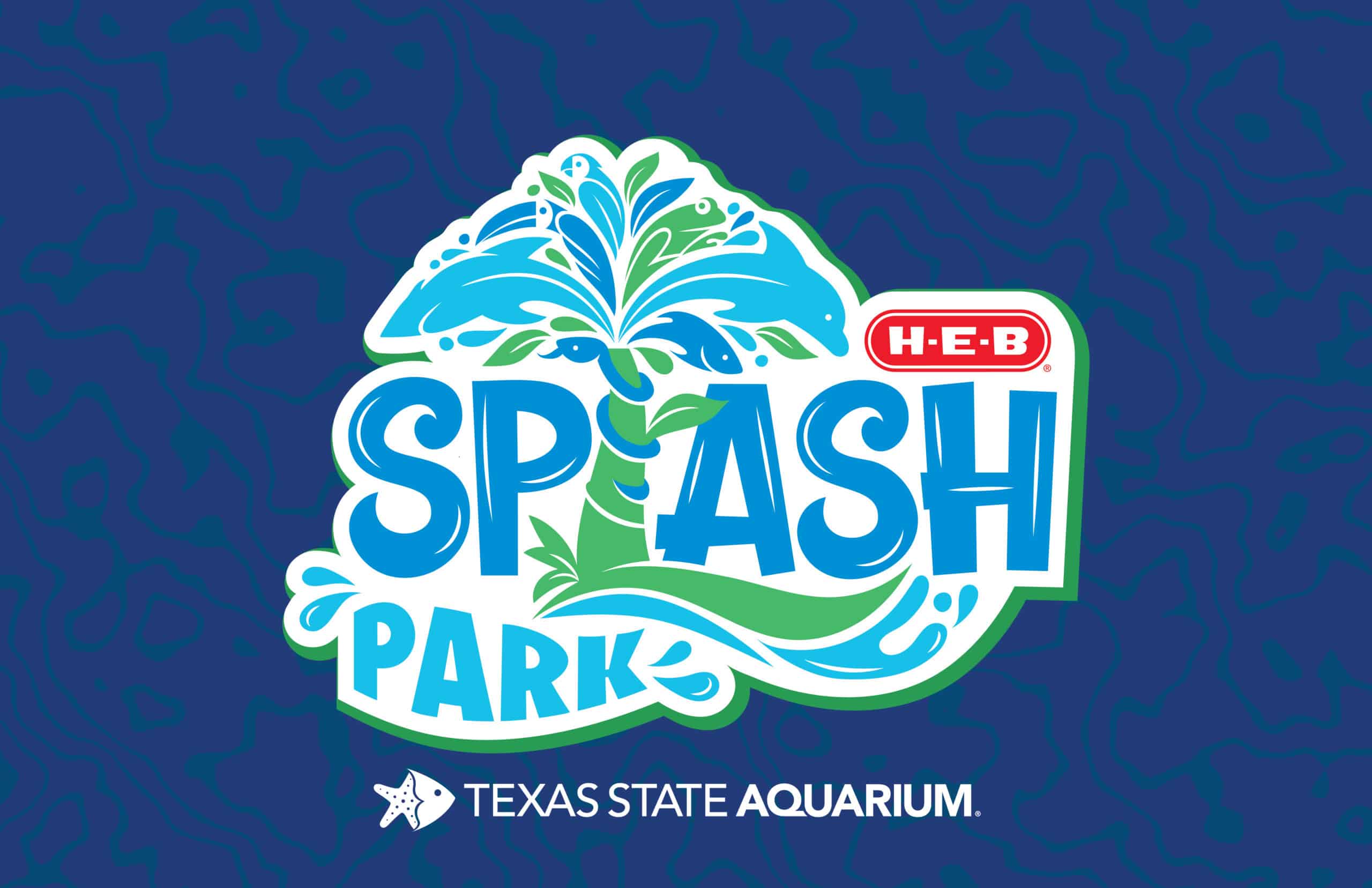 Colorful logo with blue and green water splash shapes, reading “H-E-B Splash Park” above the “Texas State Aquarium” name and fish icon, all on a blue background with subtle wavy patterns.