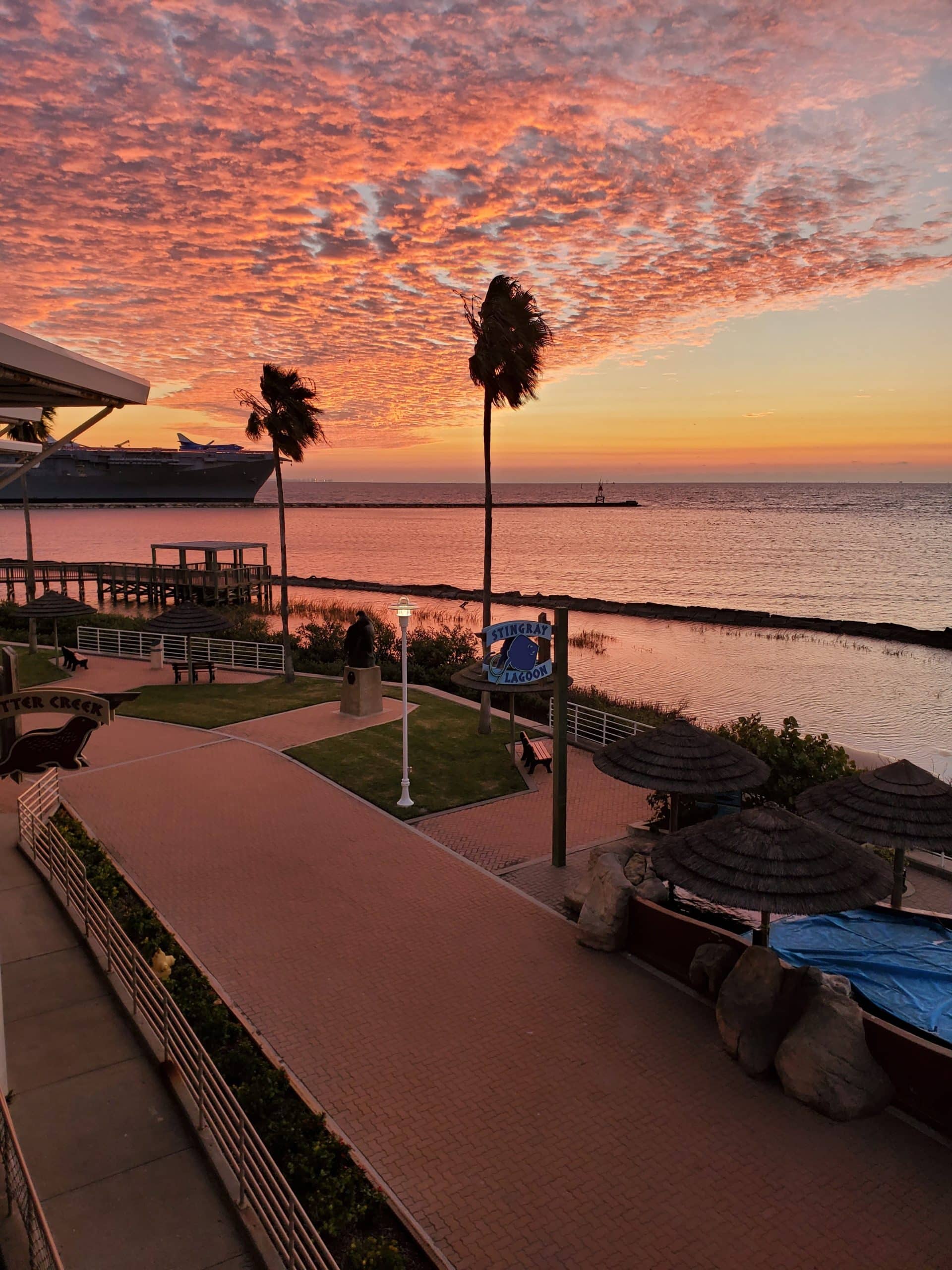 A vibrant sunset with orange and pink clouds over a calm ocean, palm trees swaying, and a boardwalk with a sign reading “The Deck.” A cruise ship is visible in the distance.