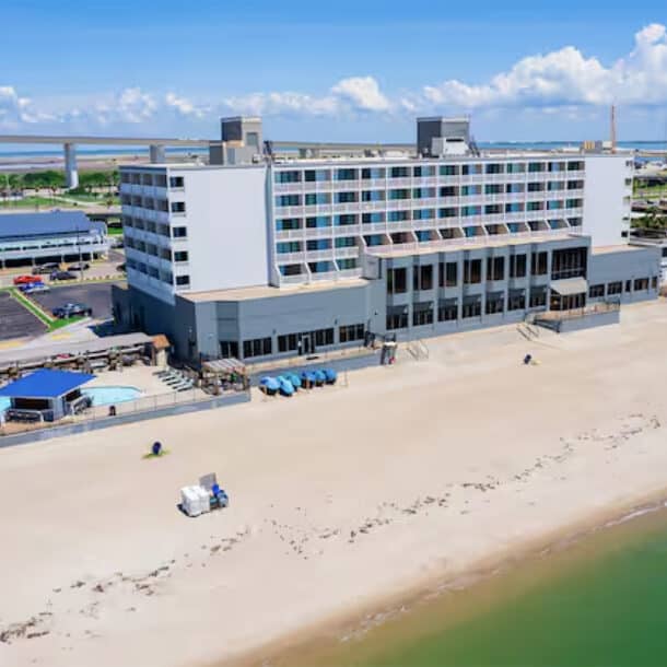 A building on a beach.