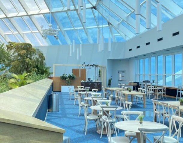 A bright, modern café with large windows and a glass ceiling, featuring white tables and chairs, blue carpet, potted plants, and a sign reading Canopy. Sunlight floods the open, airy space.