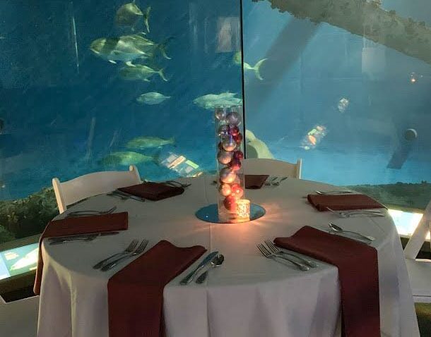A round table with a white tablecloth and red napkins is set for four people in front of a large aquarium window, with fish swimming in the background and a cylinder centerpiece on the table.