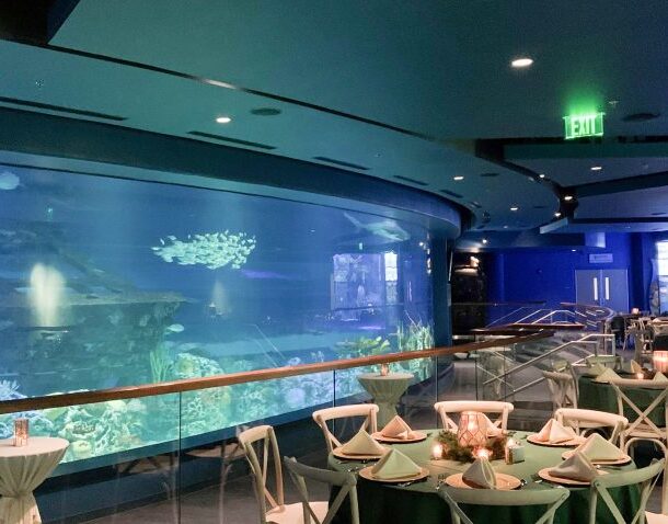 A modern event space is set up with round tables and chairs near a large aquarium tank filled with fish. The room is dimly lit with candles, and the tank glows blue in the background.