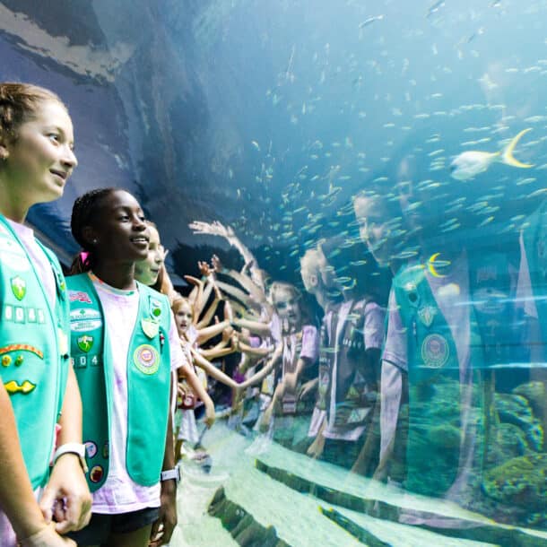 Two girls wearing green vests stand in front of a large aquarium window, smiling and looking at fish. Reflections of the group and their outstretched hands are visible in the glass.