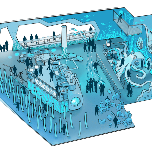 Illustration of an aquarium-themed indoor playground with climbing structures, slides, interactive displays, tubes, sculptures, and people exploring and playing in various water-themed areas.