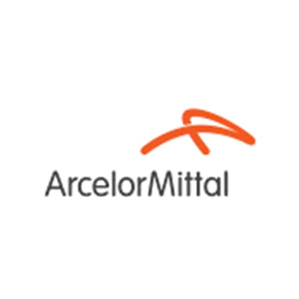 ArcelorMittal logo featuring an orange curved line above the company name ArcelorMittal written in gray text on a white background.