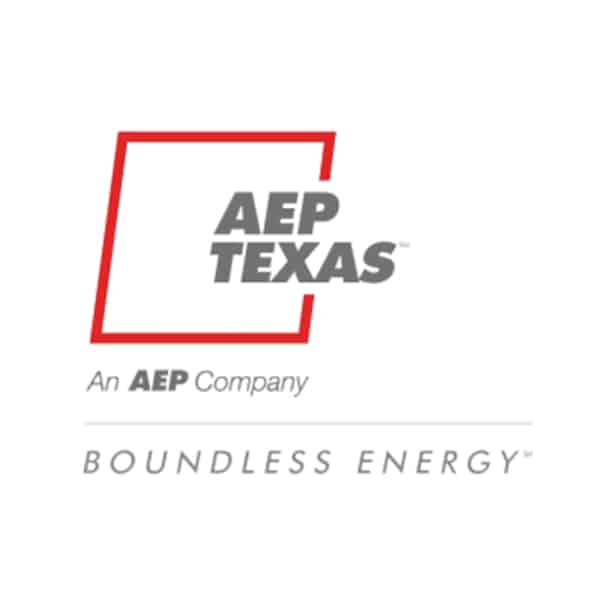 AEP Texas logo with a red outlined square, the words AEP TEXAS in gray, and the tagline An AEP Company above BOUNDLESS ENERGY in gray text.