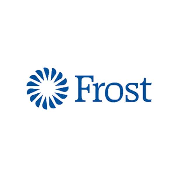 Blue geometric sunburst icon to the left of the word Frost in blue serif font on a white background.