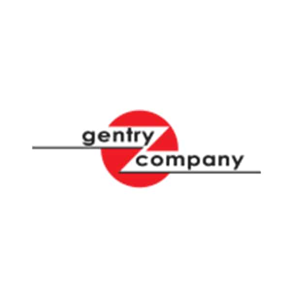 Logo with the words gentry and company separated by a diagonal line, over a red circle. The text and lines are black, and the background is white.