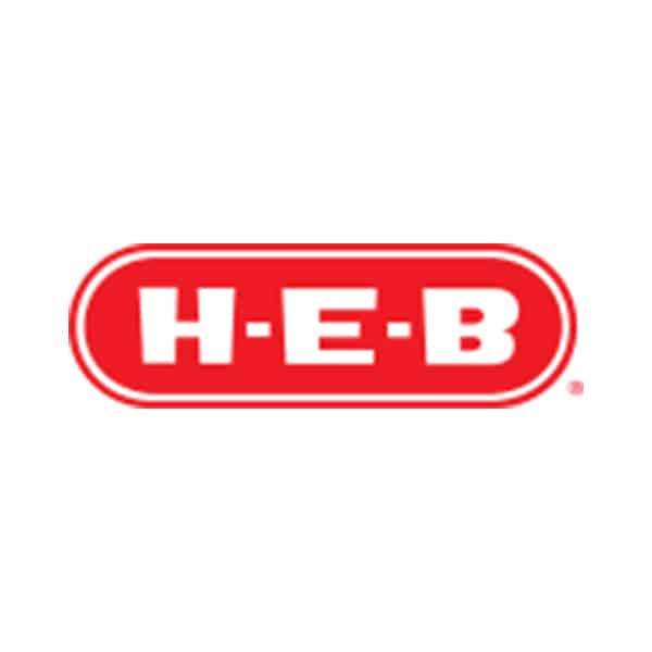 The H-E-B logo with bold white letters H-E-B inside a red oval shape on a white background.