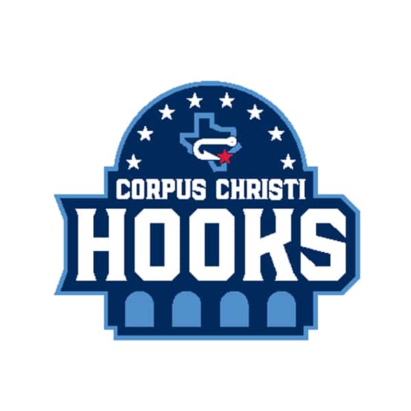 Corpus Christi Hooks logo featuring a stylized blue dome with stars, a white outline of Texas with a red star marking Corpus Christi, and bold white text reading Corpus Christi Hooks.