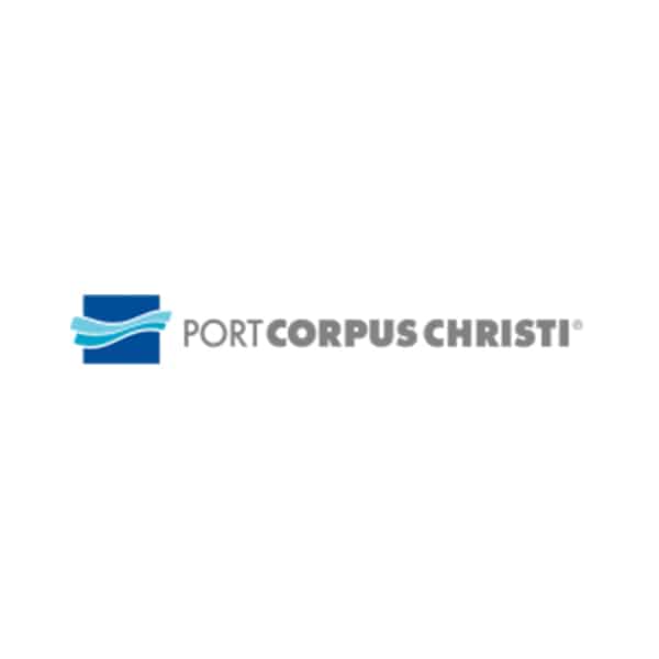 The Port of Corpus Christi logo features a blue square with three wavy lines and the text PORT CORPUS CHRISTI in gray capital letters to the right of the square.