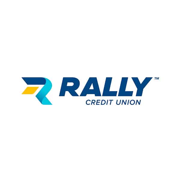 Logo for Rally Credit Union. The design features a stylized R in teal, yellow, and blue, followed by the bold word RALLY in dark blue, with CREDIT UNION in smaller blue text underneath.