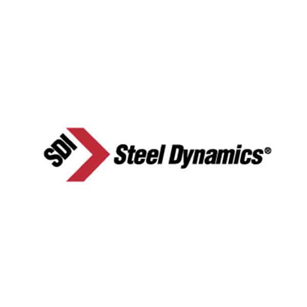 Logo for Steel Dynamics featuring the initials SDI in black, placed inside a bold red arrow pointing right, followed by the words Steel Dynamics in black text on a white background.