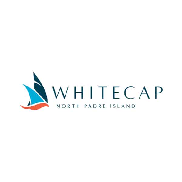 Logo for Whitecap North Padre Island featuring stylized blue and turquoise sail shapes with an orange wave, alongside the business name in modern, clean typography.