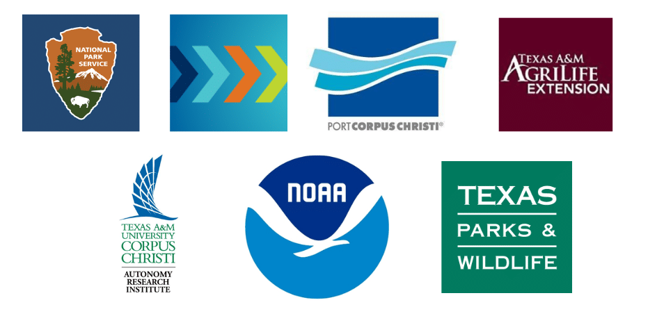 Partner Logos include Padre Island National Seashore, Learning Undefeated, Port of Corpus Christi, Texas Parks and Wildlife, Texas A&M University-Corpus Christi - Autonomy Research Institute, Texas A&M AgriLife Extension Service Nueces County FCH 