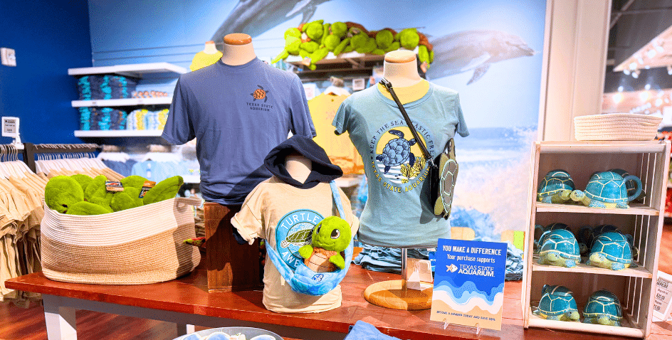 A gift shop display features sea turtle-themed t-shirts, plush turtles, bags, and mugs. Ocean animal graphics and blue decor create a marine conservation atmosphere, with a sign promoting support for sea animal rescue.