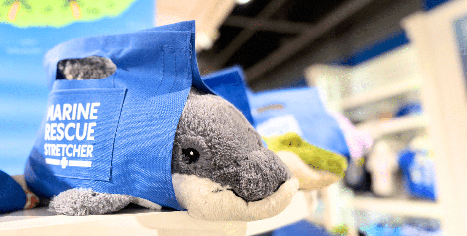 A gift shop display features sea turtle-themed t-shirts, plush turtles, bags, and mugs. Ocean animal graphics and blue decor create a marine conservation atmosphere, with a sign promoting support for sea animal rescue.