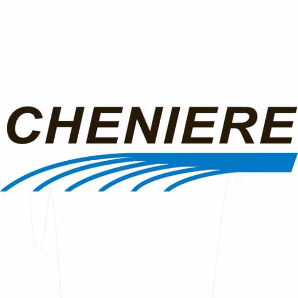 The image shows the Cheniere logo, featuring the word CHENIERE in bold black letters above wavy blue lines and a solid blue underline, all on a white background.