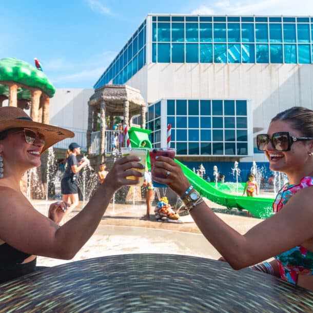 Two women in swimsuits and sunglasses smile and toast drinks at an outdoor water park, sitting at a round table near water slides and fountains with children playing in the background.