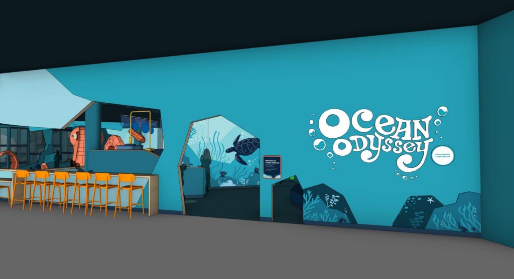 Colorful mural and seating area for Ocean Odyssey, featuring underwater-themed decor with illustrations of sea creatures, coral, and bubbles on turquoise walls. Orange chairs line a small bar area, creating a playful ocean atmosphere.