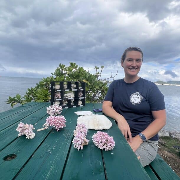 A smiling person sits at a green picnic table by the water, displaying shells, coral, and marine specimens. The sky is cloudy, and lush greenery and distant hills are visible in the background.